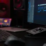 Studio d'enregistrement avec écran affichant une station de travail audio numérique, idéal pour la musique assistée par ordinateur.