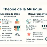 Théorie musicale : accords de base (majeur/mineur) et renversements. Illustration de notes, touches de piano et symboles.