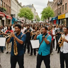 Un groupe de musiciens joue de l'instrument bandas dans la rue, entouré d'une foule joyeuse.