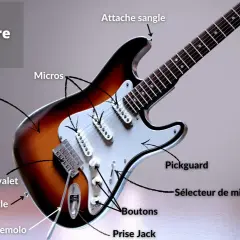 Les micros captent les vibrations des cordes sur la table, expliquant comment fonctionne une guitare électrique. Le son est ensuite traité par les boutons et le sélecteur.