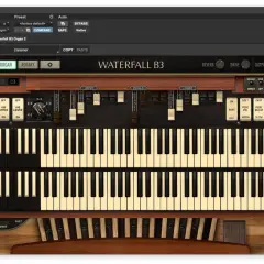 Simulation d'un orgue Hammond Waterfall B3 avec deux claviers, des pédales et des tirettes pour contrôler le son.