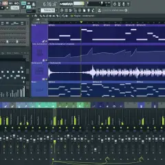 Interface d'un logiciel home studio, montrant une piste MIDI avec des notes de violoncelles et de cuivres, ainsi qu'un mixeur audio.