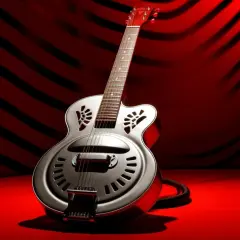 Guitare dobro blues argentée, sur fond rouge strié de noir. Un instrument prêt à faire vibrer les âmes.