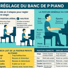 Guide pour une posture piano parfaite : dos droit, épaules basses, coudes légèrement en avant. Ajustez votre siège pour une assise idéale.