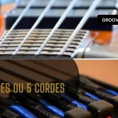 Gros plan sur les cordes d'une basse, avec le texte "BASSE 4 CORDES OU 5 CORDES".