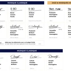 Choix de becs pour saxophone : Concept, S 80, S 90, Density, Soloist, C.Delangle, Jazz Flow, Jazz Tribute, Super Session.