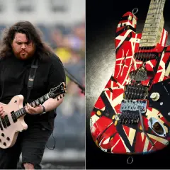 Guitare iconique "Frankenstrat" d'Eddie Van Halen, avec son motif rayé rouge, blanc et noir, aux côtés d'un musicien jouant d'une guitare rose.