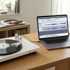 Platine vinyle Denon connectée à un ordinateur portable pour enregistrer des vinyles sur clé usb. Casque audio à proximité.