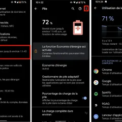 L'application de gestion de la batterie affiche 72% d'autonomie restante, estimée à 1h45. L'économie d'énergie est activée.