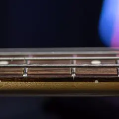 Gros plan sur les cordes et les frettes d'une guitare, révélant le radius subtil du manche.