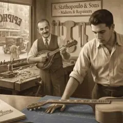 Un jeune homme examine un plan de son guitare electrique dans un atelier. Un autre homme joue d'une mandoline.