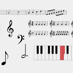 Divers symboles et noms de notes de musique, portées, et un clavier de piano avec une touche rouge.