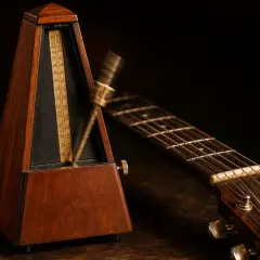Un métronome en bois, outil essentiel pour la définition du tempo musical, oscille près d'une guitare acoustique.