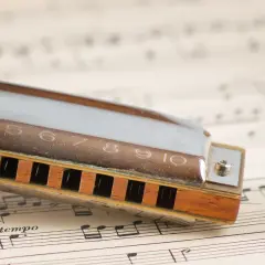 Harmonica posée sur une partition de musique. Les notes et le mot "tempo" sont visibles, prêts à accompagner les mélodies de cet instrument.
