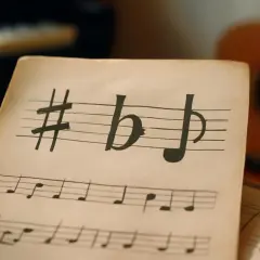Partition de musique avec dièse, bémol et double bémol. Des notes musicales sur des portées, avec un piano et une guitare en arrière-plan.
