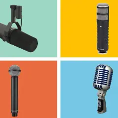 Quatre microphones dynamiques, dont un Shure SM7B, un Rode Procaster, un autre Shure et un micro vintage style "Elvis".