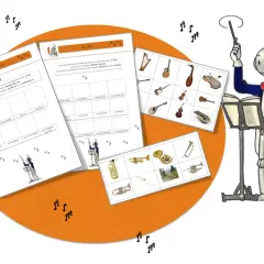 Des feuilles éducatives sur les familles d'instruments de musique, avec des illustrations et des exercices. Un robot chef d'orchestre dirige la scène.