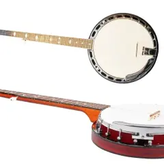 Deux banjos, l'un vu de dessus avec sa tête et son manche, l'autre de côté, révélant son corps rouge et sa peau blanche.