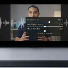 Un homme parle devant un écran de télévision affichant des réglages audio, y compris le retard et la vitesse de lecture. Le son est représenté par des formes d'onde, suggérant un flux pcm ou bitstream.