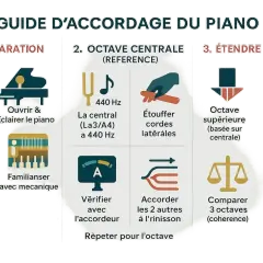 Guide pour l'accord piano : préparation, accord de l'octave centrale (La3/A4 à 440 Hz), puis extension de l'accord aux octaves supérieures et inférieures.