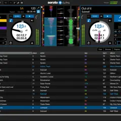 Interface de Serato DJ Pro sur iPad, affichant deux platines virtuelles, des formes d'onde et une bibliothèque musicale.