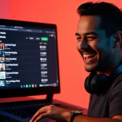 Un DJ souriant découvre un site de musique pour DJ gratuit sur son ordinateur portable, prêt à mixer.