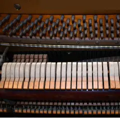 Mécanisme interne d'un piano : marteaux prêts à frapper les cordes. Voici comment fonctionne un piano : chaque touche actionne un marteau.