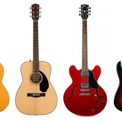 Comparaison : différence guitare folk et acoustique. Quatre guitares : classique, folk, semi-hollow et électrique.