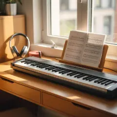 Un piano numérique prêt à l'emploi, avec partitions, sur un bureau en bois près d'une fenêtre. Idéal pour louer un piano numérique et commencer à jouer.