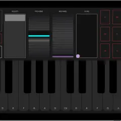 Clavier virtuel sur un iPad, avec des contrôles pour la vélocité, le pitch bend, le mod wheel, et un XY pad. Idéal pour le contrôle MIDI.