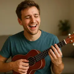 Un homme rit aux éclats en jouant du ukulélé, capturant le rythme joyeux de la musique.