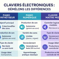 Tableau comparatif des claviers électroniques : piano synthétiseur, piano numérique et clavier maître MIDI.
