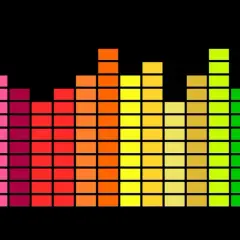 Un **égaliseur musique** arc-en-ciel sur fond noir, avec des barres de différentes hauteurs représentant les fréquences sonores.