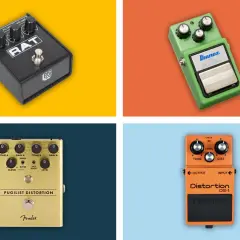 Quatre pédales d'effet guitare : RAT, Tube Screamer, Pugilist Distortion et DS-1. Parfaites pour la distorsion musicale.