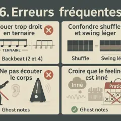 Erreurs fréquentes en solfège rythmique : jouer droit en ternaire, confondre shuffle et swing, ignorer son corps, croire le feeling inné.