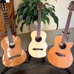 Trois guitares acoustiques sur des pieds, dont une avec une étiquette indiquant une marque de guitare.
