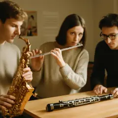 Trois jeunes jouent d'un instrument à vent : un saxophone, une flûte traversière et un hautbois.