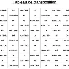 Tableau de transposition pour saxophone alto. Aide à transposer les notes et les intervalles.