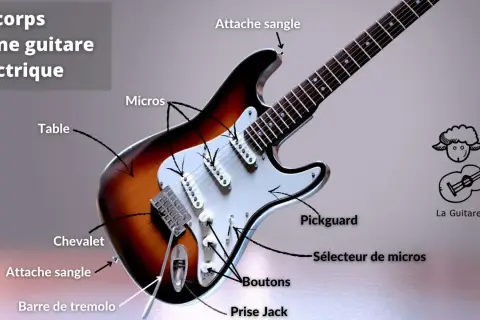 Les micros captent les vibrations des cordes sur la table, expliquant comment fonctionne une guitare électrique. Le son est ensuite traité par les boutons et le sélecteur.