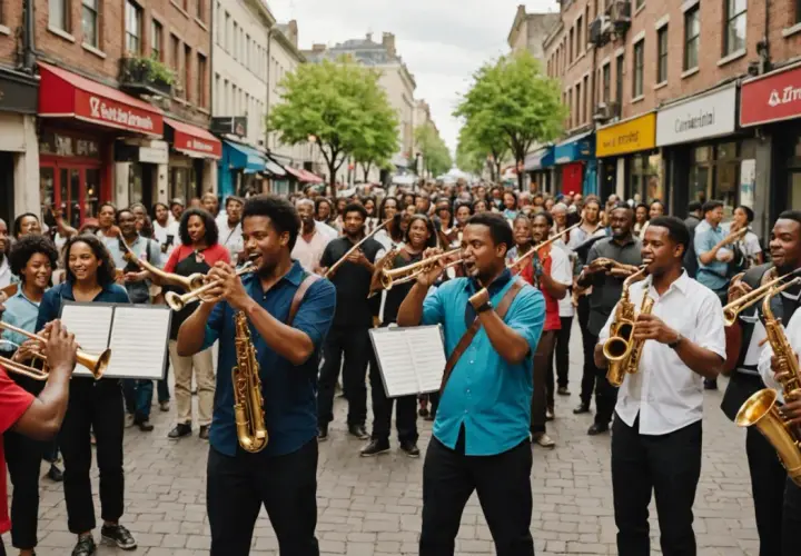 Un groupe de musiciens joue de l'instrument bandas dans la rue, entouré d'une foule joyeuse.