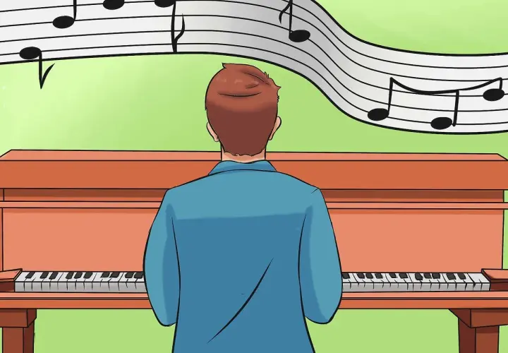 Un pianiste joue devant un piano, une partition de musique flottant au-dessus, avec une note tonique bien visible.