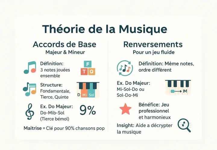 Infographie sur la théorie musicale, expliquant les accords de base et leurs renversements pour un jeu fluide. Maîtriser ces accords est la clé pour comprendre la musique.