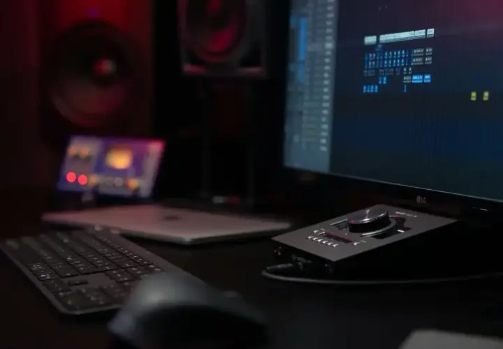 Bureau d'un studio d'enregistrement avec écran affichant une table de mixage numérique, clavier, souris et une console de **direct monitoring**.