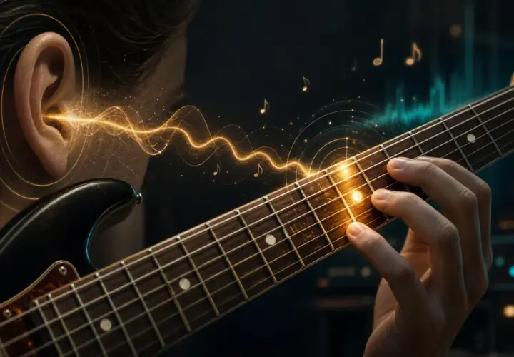 Une oreille attentive capte les ondes sonores d'une guitare électrique, symbolisant une oreille musicale en pleine immersion.