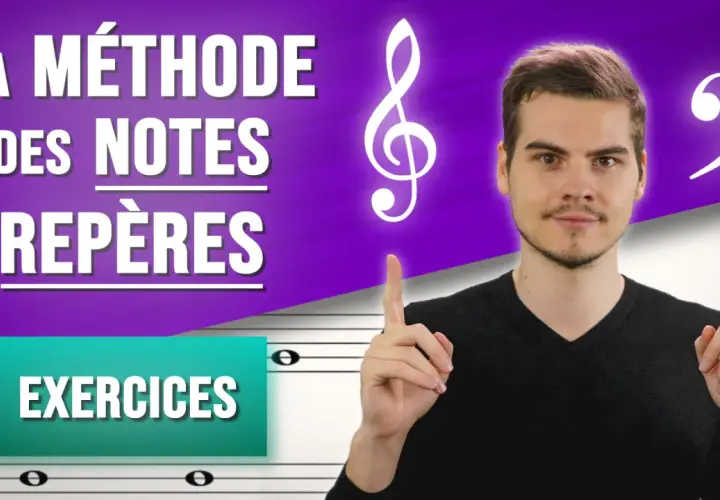 Un homme pointe vers une clé de sol et une clé de fa, symboles de la méthode des notes repères pour des exercices musicaux.