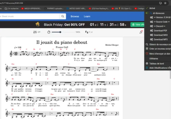 Partition de solfège piano pour "Il jouait du piano debout" de France Gall.