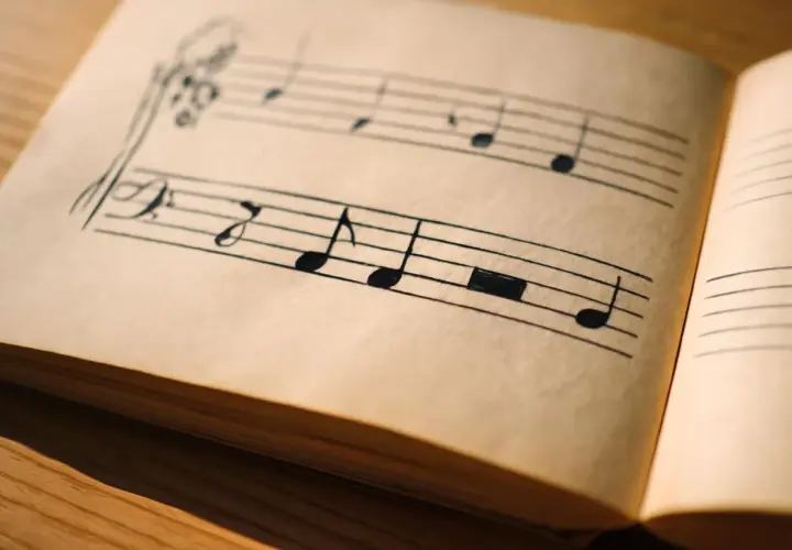 Feuilles jaunies d'un carnet de musique, notes dessinées à la main. Une mélodie suspendue, un demi soupir avant la prochaine mesure.