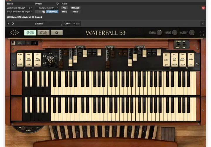Simulation d'un orgue Hammond Waterfall B3 avec deux claviers, des pédales et des tirettes pour contrôler le son.