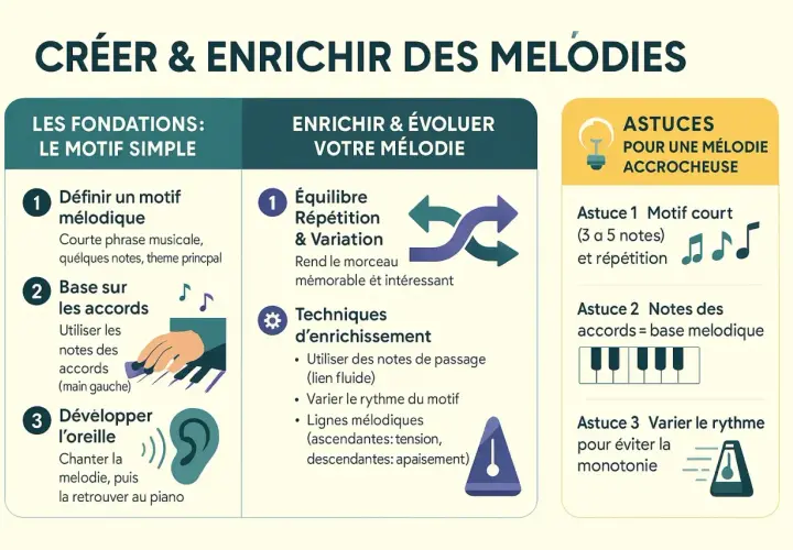 Guide pour créer une mélodie : définir un motif, utiliser les accords, développer l'oreille, équilibrer répétition et variation, et enrichir avec des notes de passage.