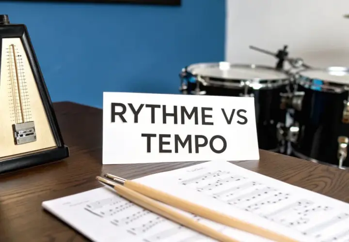 Un métronome, des partitions et des baguettes de batterie suggèrent le **rythme** et le **tempo** de la **musique**.